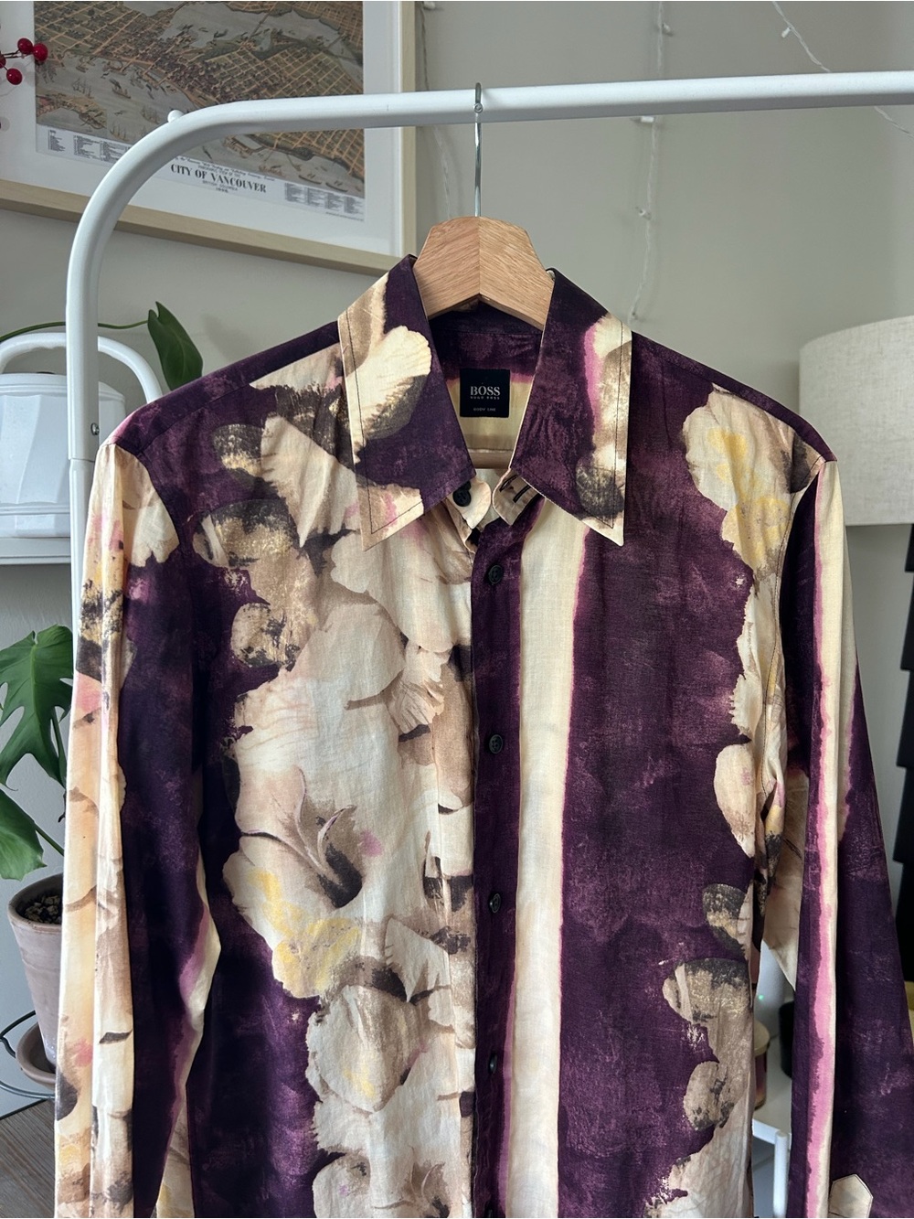 BOSS Purple and Cream Featherweight Floral-Stripe Button-Down Shirt